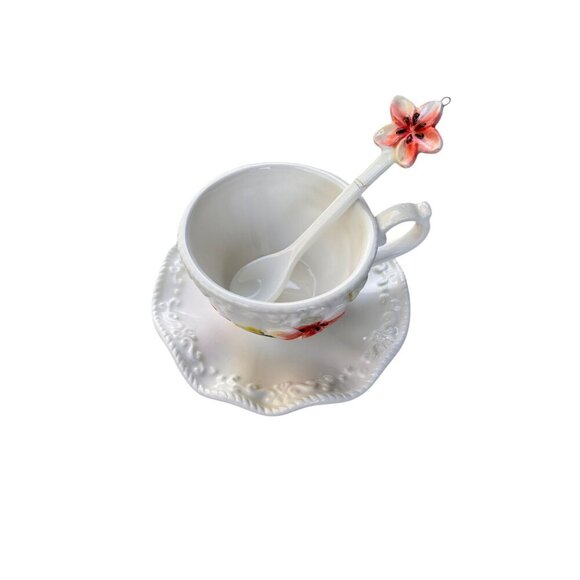 VTG Botanical Collection By Corner Ruby Floral Ceramic Teacup & Saucer Spoon Set - Picture 4 of 10